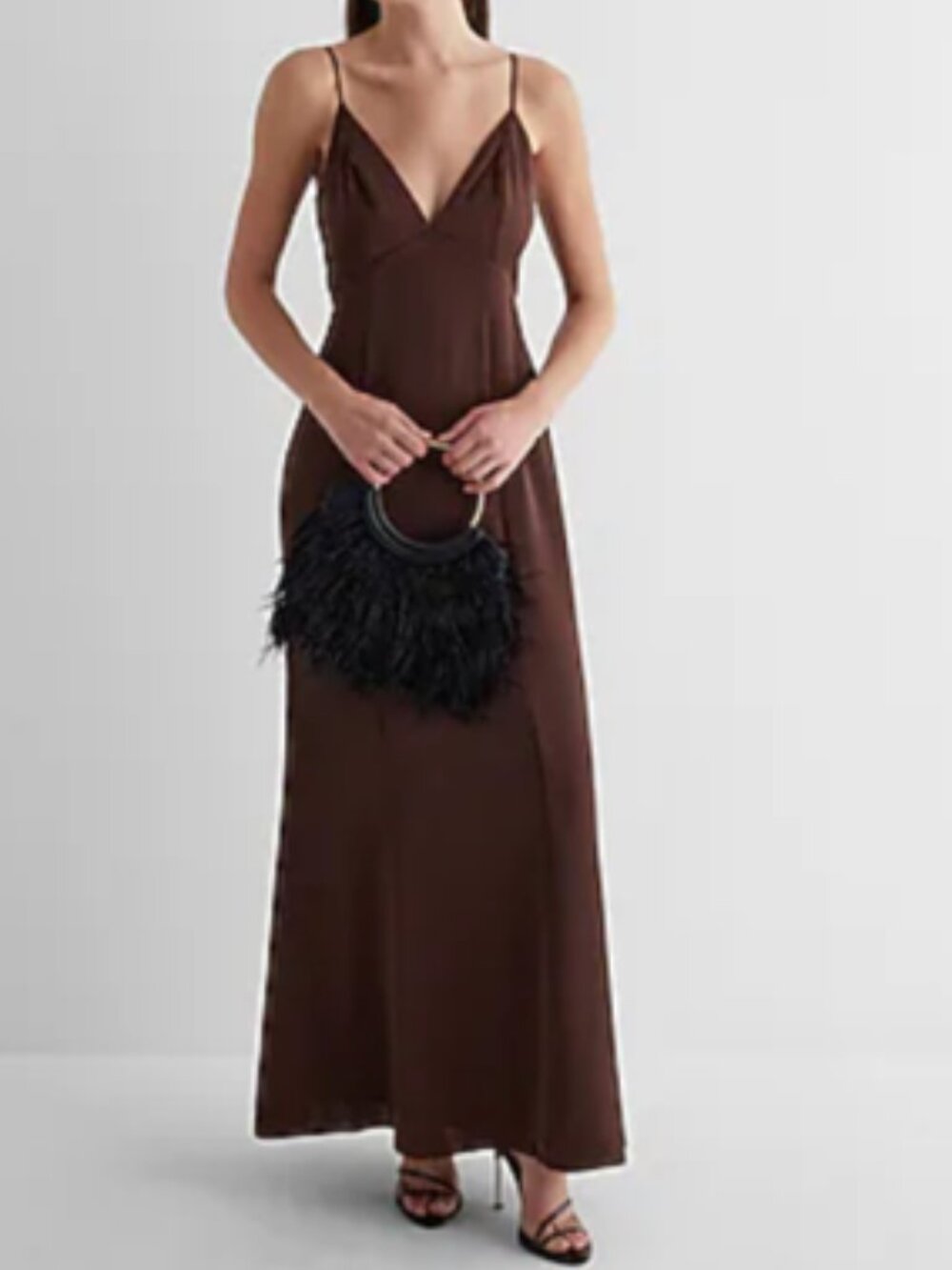 Express Chocolate Brown Satin Structured V-neck Adjustable Strap Maxi Dres Gown